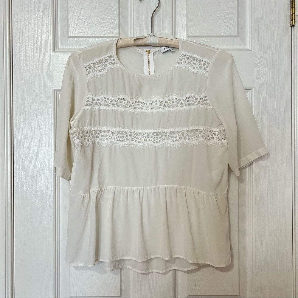 Sandro White Cream Silk Lace Lightweight Flowy Peplum Short Sleeve Blouse - Sz 2 - Picture 3 of 14